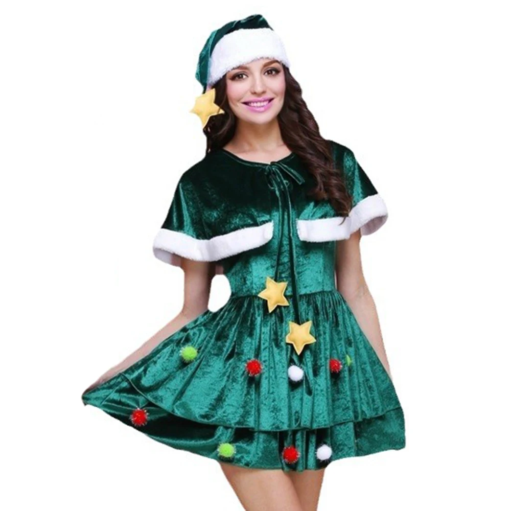 Green Christmas Tree Adult Lady Cosplay Christmas Costume Velvet Dress Cape Hat Women Christmas Suit New Year Party Fancy Dress