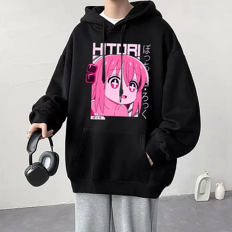 Retro Bocchi The Rock! Hitori Gotoh Hoodie Anime Portrait Print Unisex Fleece Long Sleeve Casual Streetwear Pullover Sweatshirt
