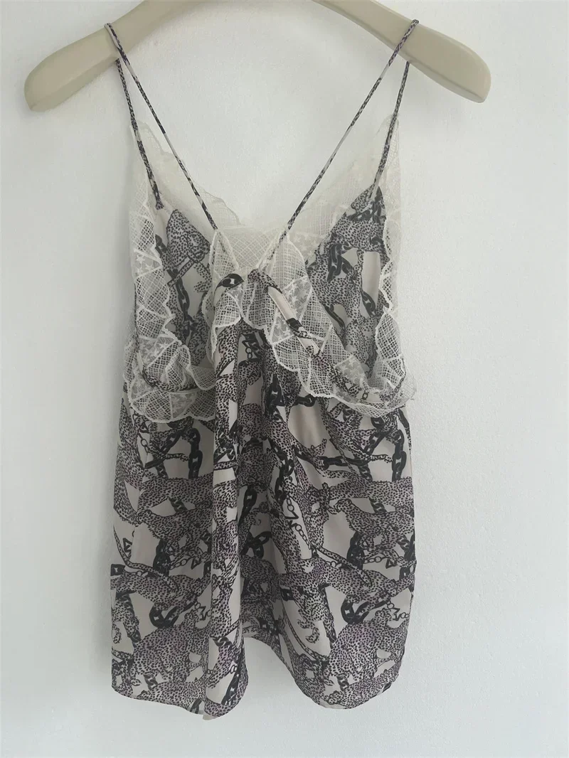 100% Silk Ladies Sexy Lace Patchwork Sling Tank Top Summer New Vintage Chain Leopard Printed Vest