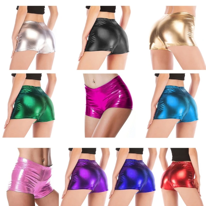 

Ladies Fashion Glitter Faux Leather Shorts Dance Mini Shorts Metallic Elastic Waist Hot Pant Rave Party Club Bottoms