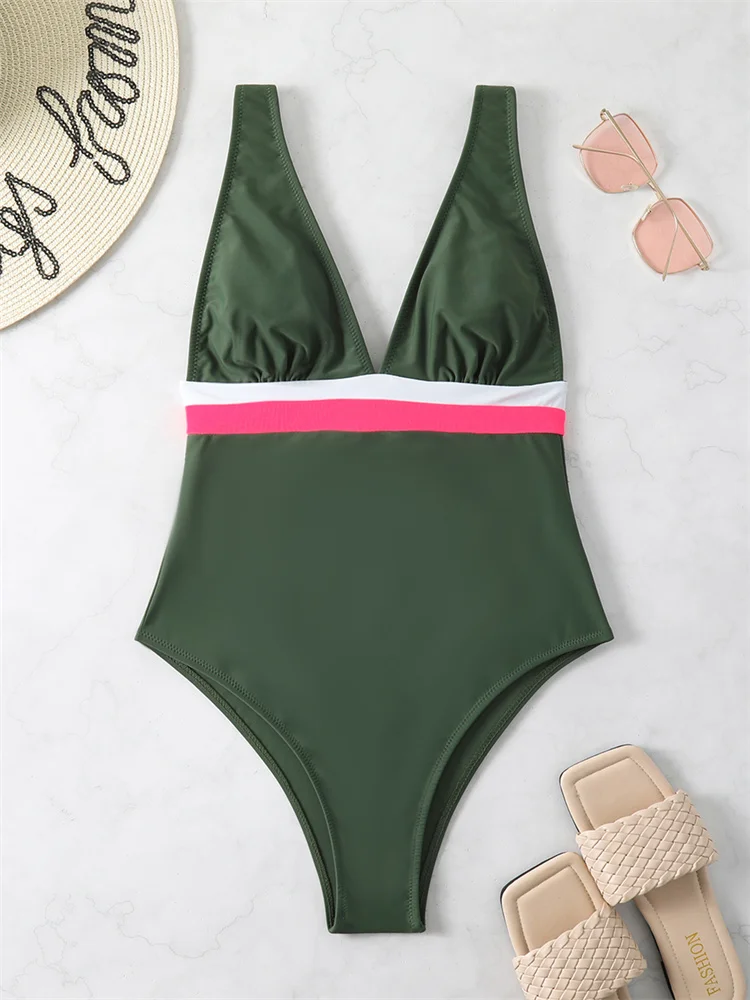 Um pedaço profundo decote em v com renda para banho feminino, moda praia feminina, monokini sexy, body suits, moda praia para o verão, nova roupa de banho, 2024