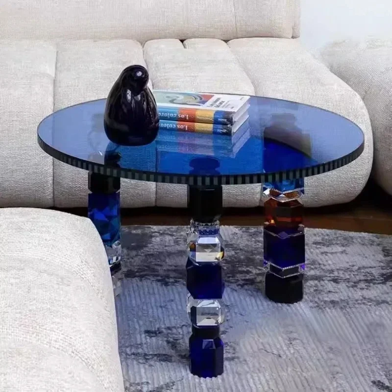 QQX Italian Light Luxury Round Tempered Glass Coffee Table Combination Colored Crystal Edge Table Living Room Household Coffee T