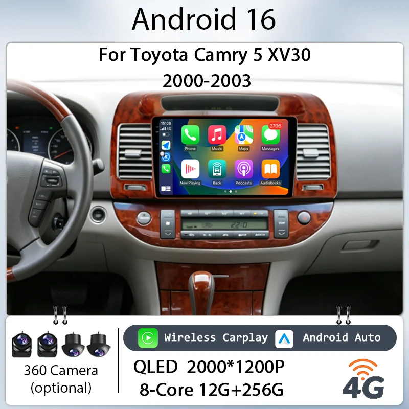 

Car Stereo IPS HD Touch Screen Wireless CarPlay GPS Navi BT WiFi DSP Player Kit 9" Android 16 for Toyota Camry 5 XV30 2000-2003