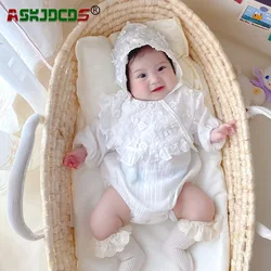 Autumn Newborn Baby Girls Full Sleeve Embroidery Flower Ruched 1pcs Cotton Jumpsuits with Hat Infant Kids Toddler Bodysuit 0-24M