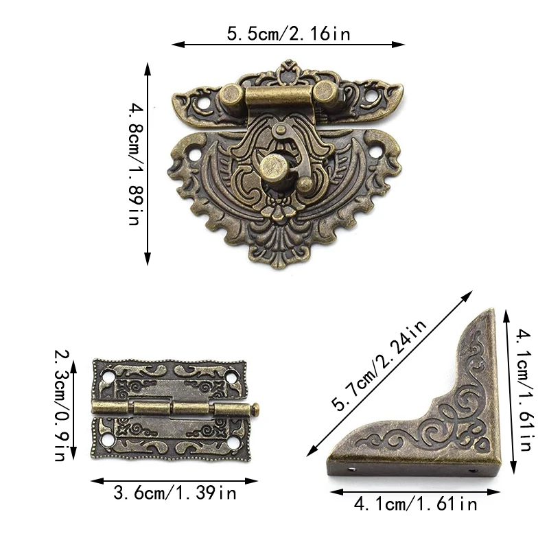 Retro Bronze Alloy Carved Tower Latch Lock and Engraved Pattern Hinge, for Decorative Cabinet Small Wooden Jewelry Box Project