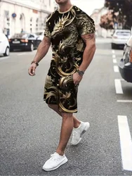 Golden Dragon 3D Printed Summer Fashion Men's Short Sleeve Top And Shorts Urban Street Fashion Suit Outdoor Street Casual Suit