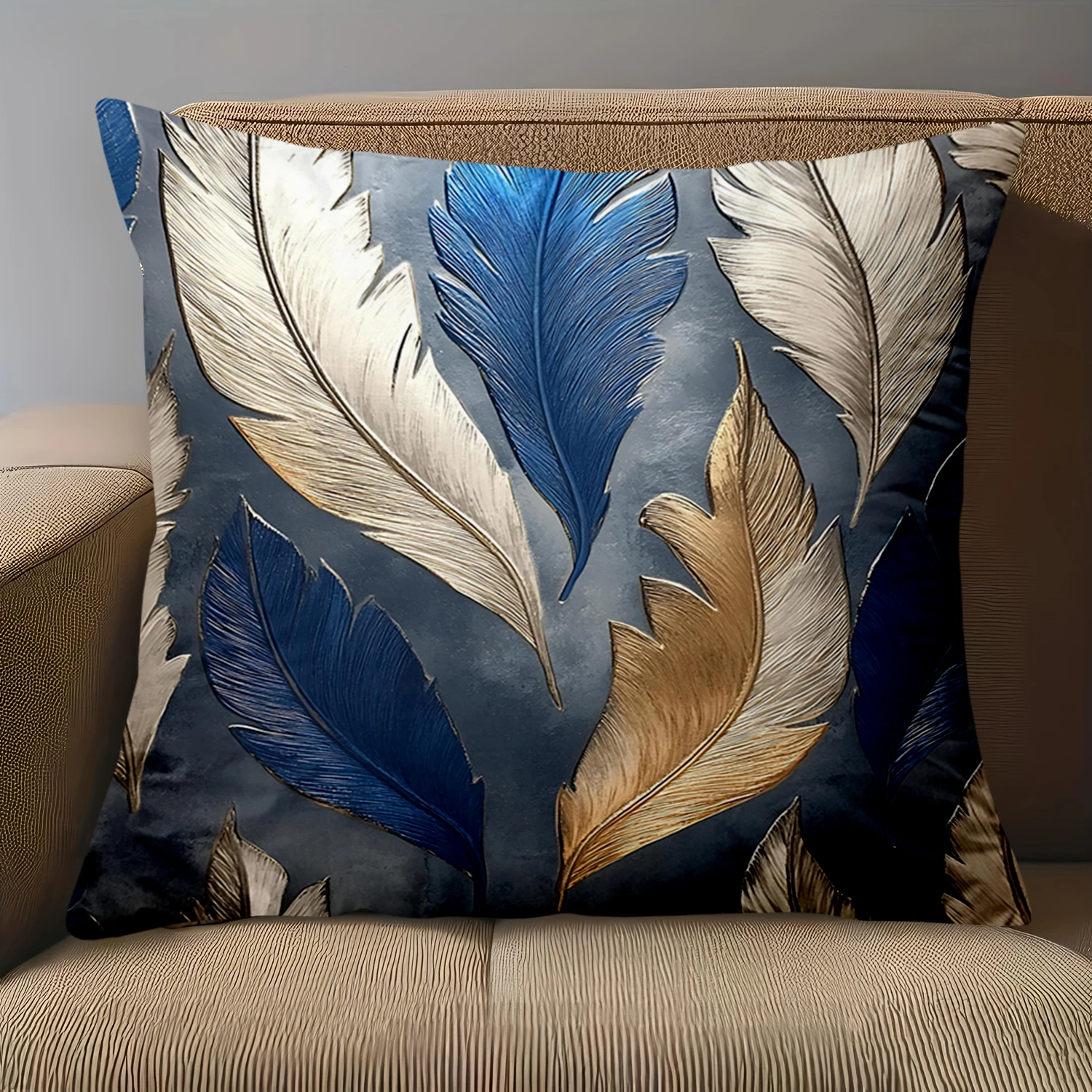 1 Pieces - 2D flat printing Blue Gold Feather Pattern Decorative Throw Pillows Polyester pillowcase, sofa decorative cushion cov