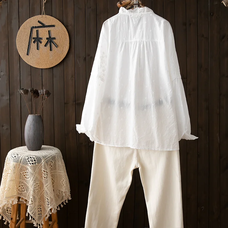 KYQIAO Women Bohemian Shirt Long Sleeve Spring Tops Japanese Mori Girl Stand Collar Embroidery Lace Cotton White Blouses