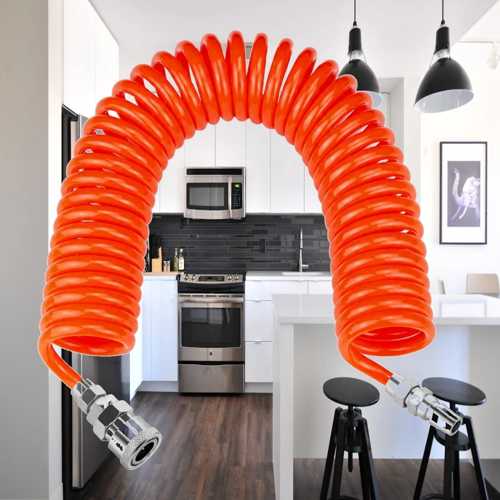 Coiled Air Hose with Quick Fittings High Pressure Resistant Coiled Pneumatic Hose Retractable Elastic for Workshops, Garages