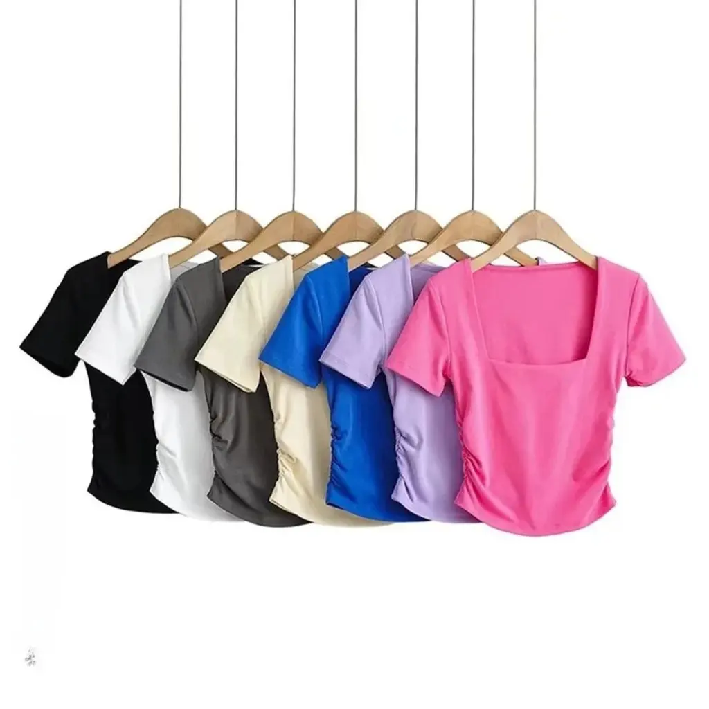 

YPFF Women's Slim Fit T-shirt Square Collar Side Pleated Candy Color Short-Sleeved Stretch Pullover European American Style Top