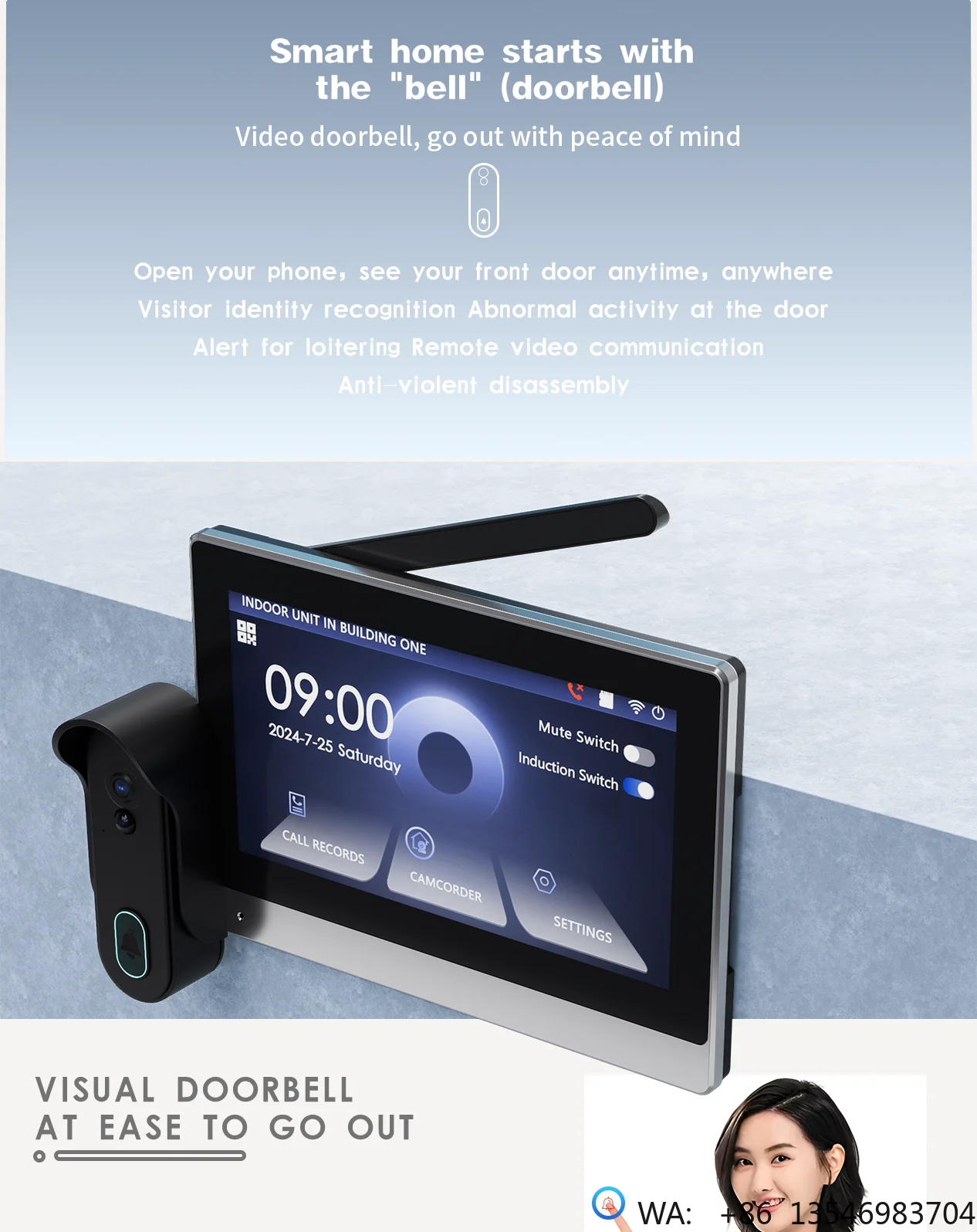 7-inch Doodle WIFI Wireless Video Intercom Doorbell Full Touch High-Definition 1080P Display Multi-Angle Monitoring Home