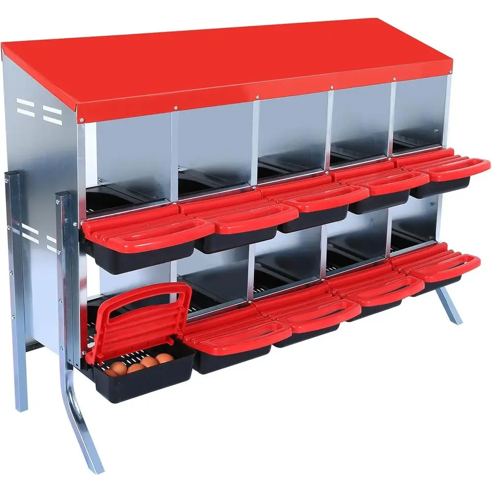 

Dual-Level Chicken Egg Laying Box with 10 Compartments, Metal Nesting for Hens, Roll-Away Design with Lid to Safeguard Eggs, 10