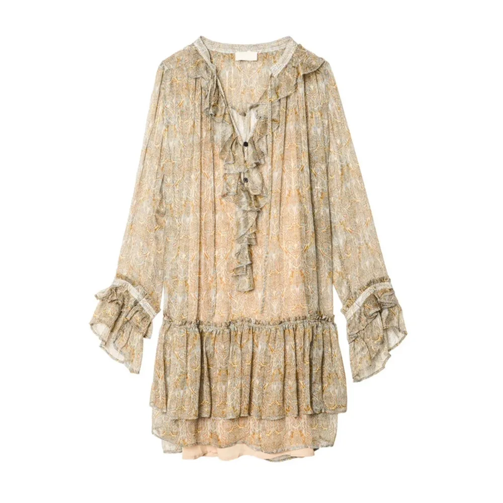 Nouveau 2025 Polyester imprimé fleuri robe col en V manches amples courte femmes femmes robe