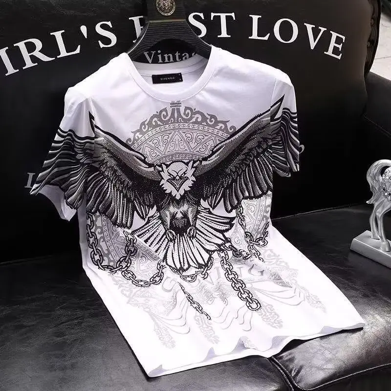 2024 New Summer Short Sleeve T-Shirt for Men with Eagle Rhinestone Embellishment - Fashionable and Versatile Shirts for Men