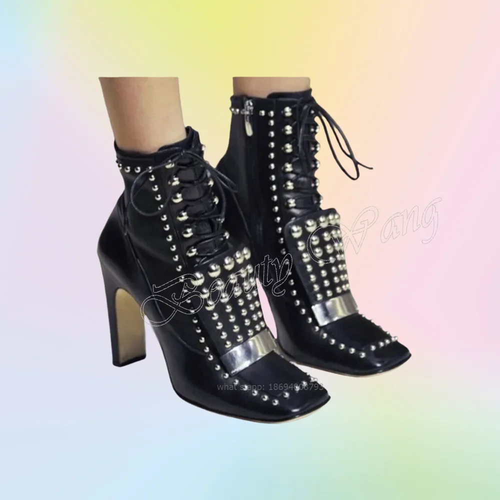 화이트 스퀘어 토 부츠 리벳 장식 사이드 지퍼 두꺼운 하이힐 여성용 하이힐 패션 2023 신상 여성용 신발