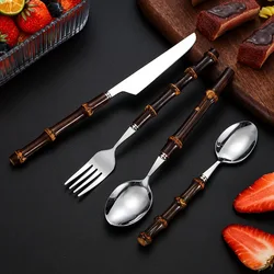 Black Nature Bamboo Dinnerware Sets Stainless Steel Upscale Cutlery Fork Spoon Home Kitchen Tableware Gold and Silver