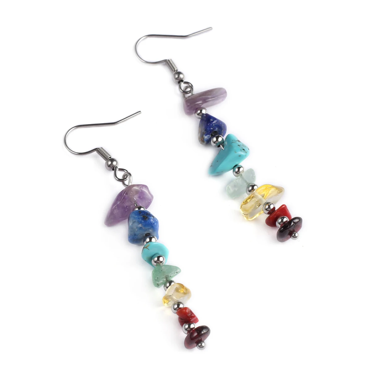 Healing Reiki 7 Chakra Natural Crystal Stone Chip Dangle Earring Amethyst Gravel Drop Earrings Jewelry Ear Studs