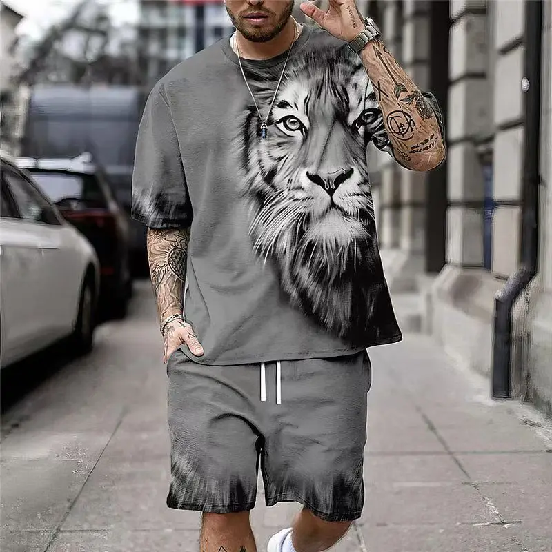 

T-shirts Shorts Suits for Men Nylon Graphic Print Regular Fit Tee Cool Trendy Two Piece Set High Quality Korean Outfits Man Sets