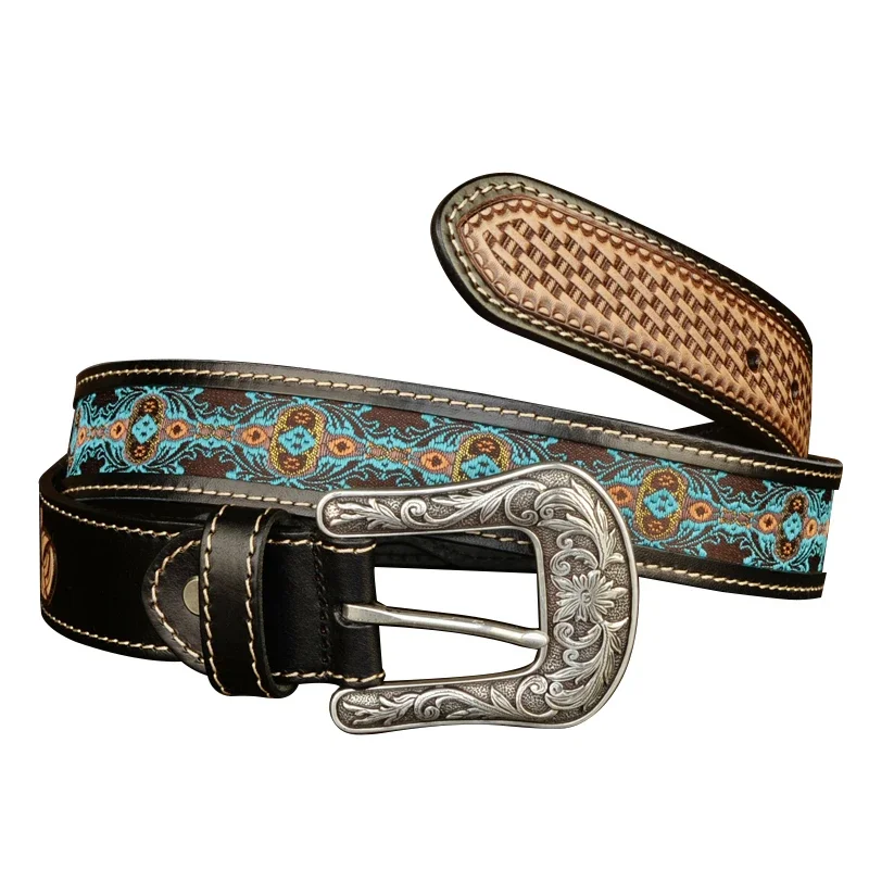 Cowhide Belts for Men Western Pin Buckle Genuine Leather Vintage Western Belt with Holes Floral Engraved Buckle Belt for Jeans