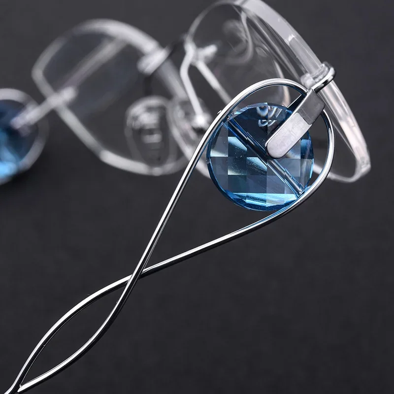 Diamond-trimmed Optical Frame 719 Women frameless Luxury blue diamond-set ultra-light pure titanium frames customizable lenses