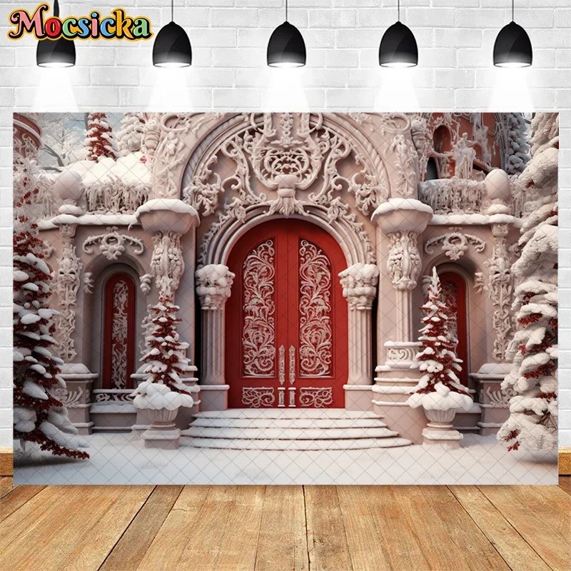 Mocsicka Photography Background Winter Christmas Red Wood Door Candy Xmas Party Kids Family Portrait Decor Backdrop Photo Studio