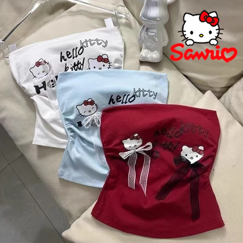 

Sanrio Hello Kitty Tank Tops Cartoon Cute Woamn Sleeveless Printed Bow Strapless Vest Summer Girls Sexy Midriff-baring Short Top
