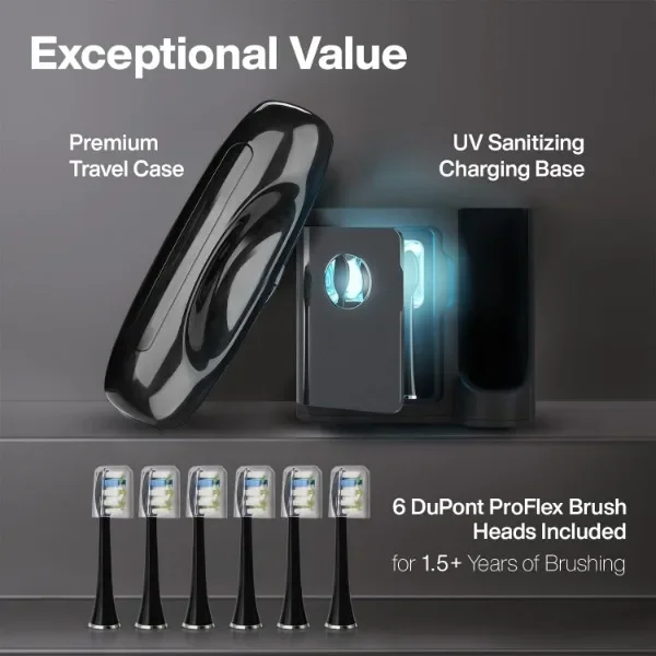 Aquasonic Black Series PRO – Ultra Whitening Toothbrush w UV Sanitizing Base – 5 Modes & Smart Timers – Premium Travel