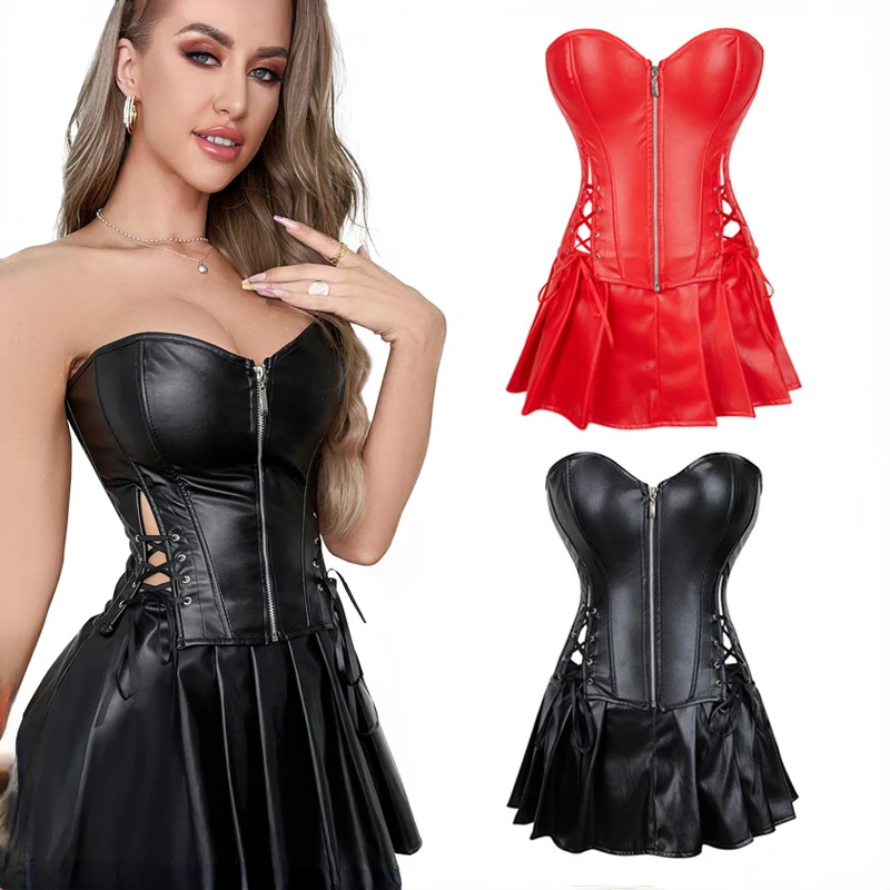 Large Zipper Women's Bodysuit Shiny Leather Set Short Skirt Gathered To Show Thin Waist Fishbone Skin Bra Corset Gothic Clothes