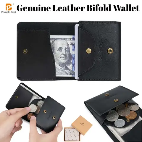 Men Genuine Leather Purse Wallet Pomelo Best Men Genuine Leather Bifold Slim Wallet Vintage Bronze Snap Card Holder with Coin Pocket Small Purse Gift for Men