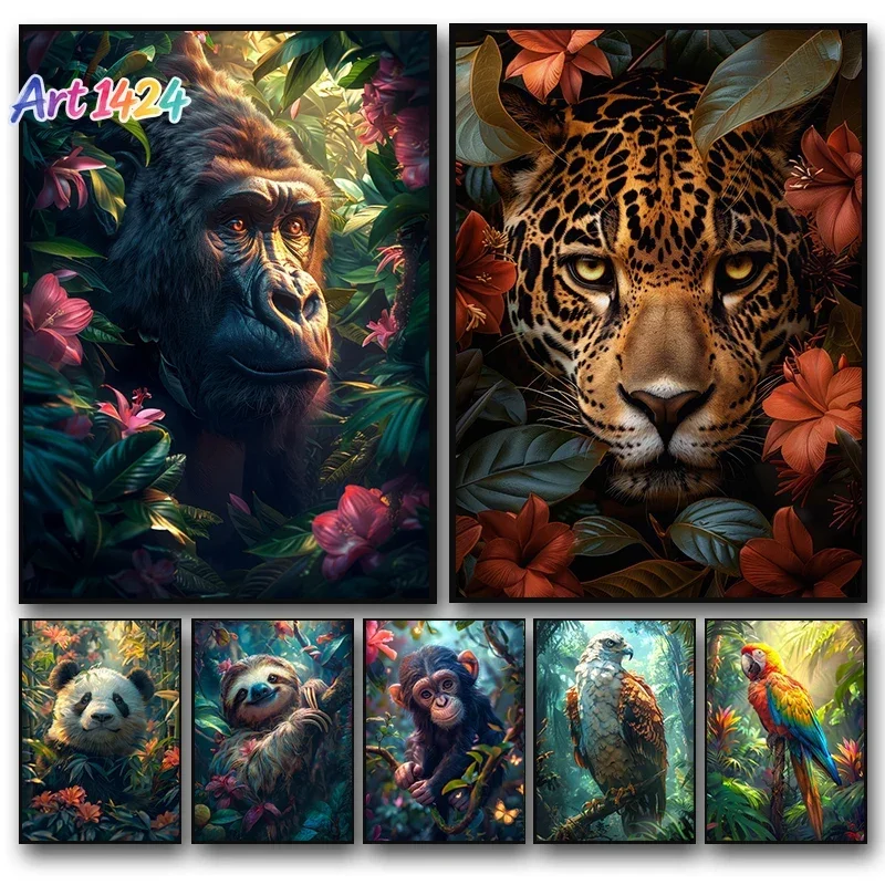 1pc frameless canvas painting Modern Style Jungle Animal Tiger Leopard Parrot Art Poster Canvas Painting Wall Prints Picture