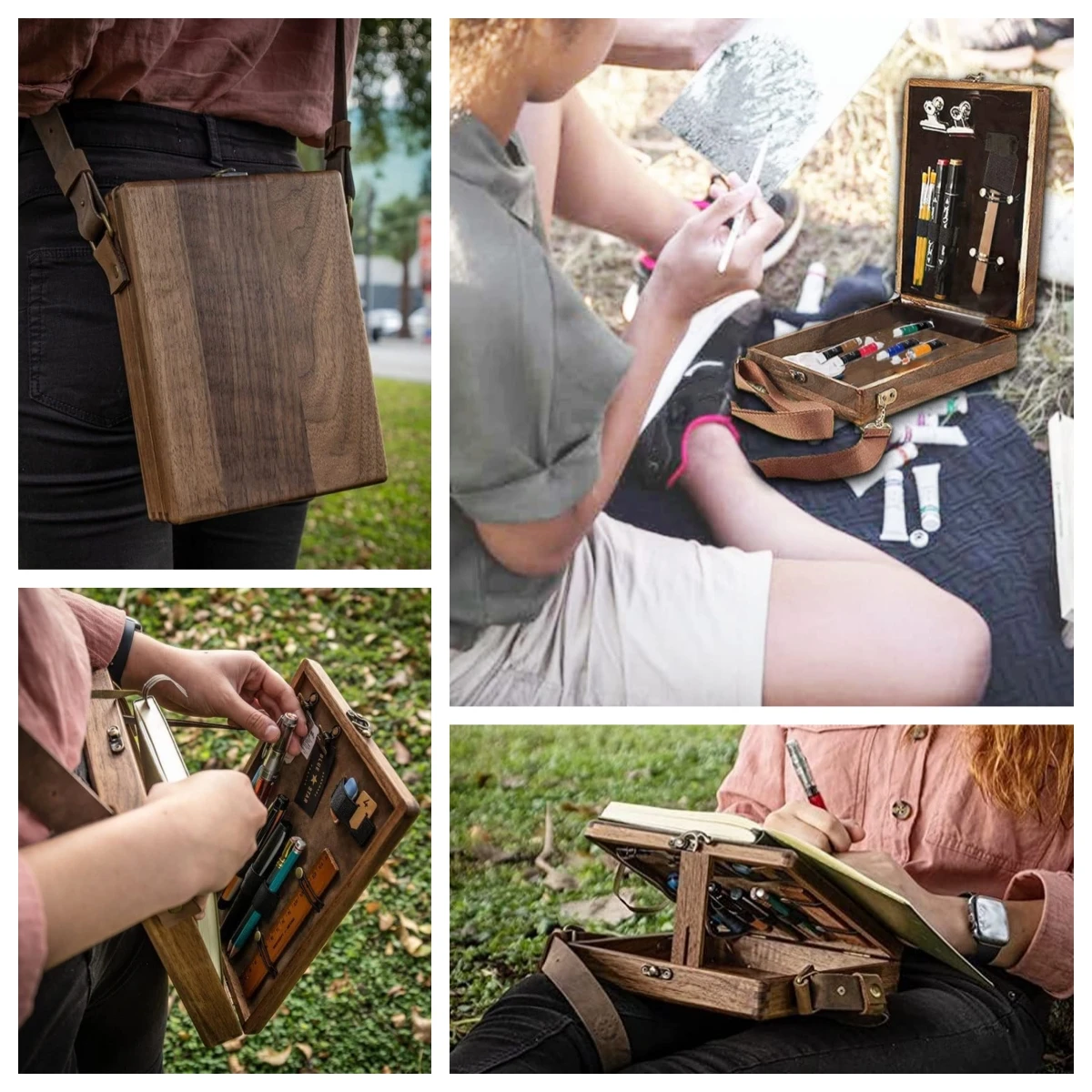 

Writer's Messenger Wooden Box with Locked，Handmade Retro Painter Tools Storage Box Writing Stand Sketch Art Easel for Painting