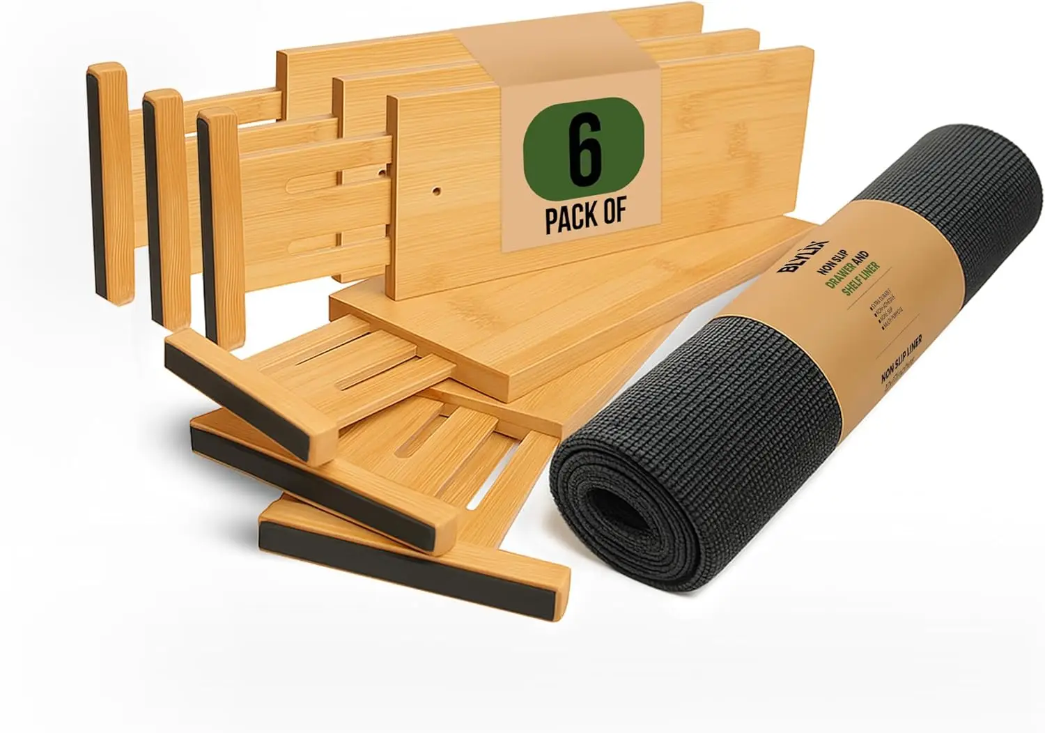 

Adjustable Bamboo Drawer Dividers 6 Pack, Expandable Organizer for Kitchen, Bedroom, Bathroom, Dresser - Free Mat