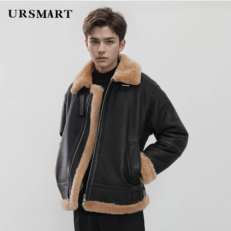 Shearling bomber jacket Leather and fur integrated men's jacket winter new product thickened warm leather jacket for men