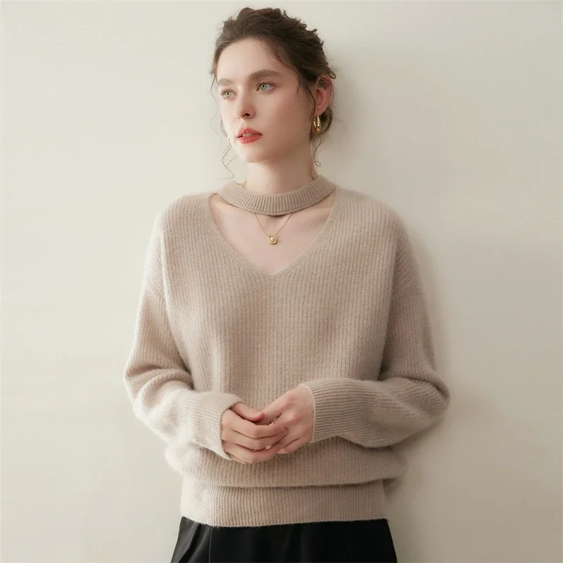 Trend Women's Sweater Pullover 100% Cashmere Autumn Winter Sweater Warm Clothes Hanging V-neck  Long Sleeve Knitwear Sexy Office
