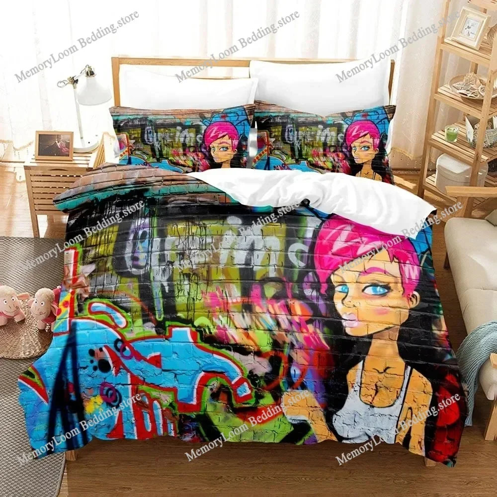 3D Print Graffiti Duvet Cover Set Teen Style Bedding Set Street Culture Decor King Queen Size Hip Hop Polyester Comforter Cover