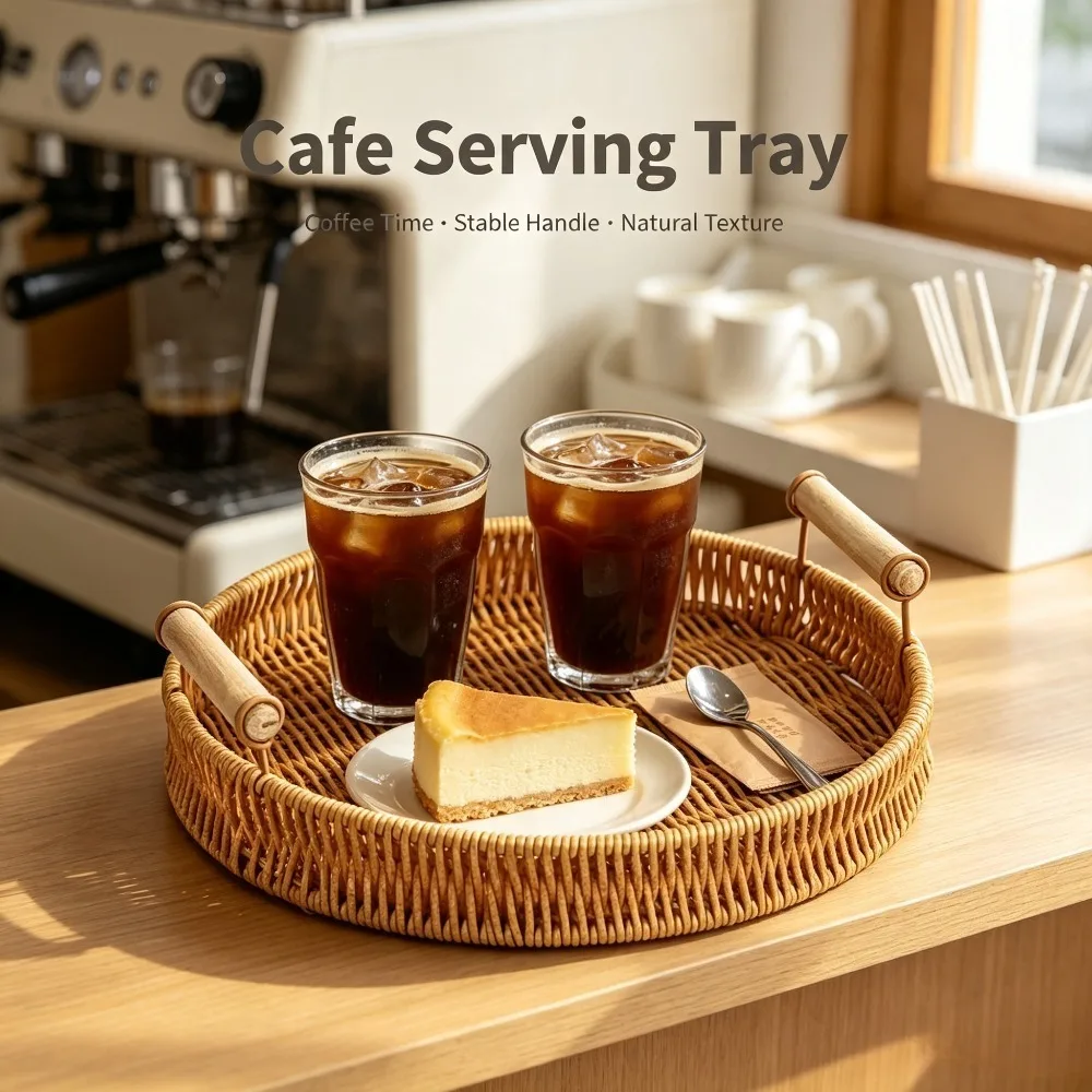 Hand-woven Rattan Serving Tray with Wooden Handles Decorative Organizer for Coffee Kitchen Table Restaurant Cafe Storage Baskets view 5