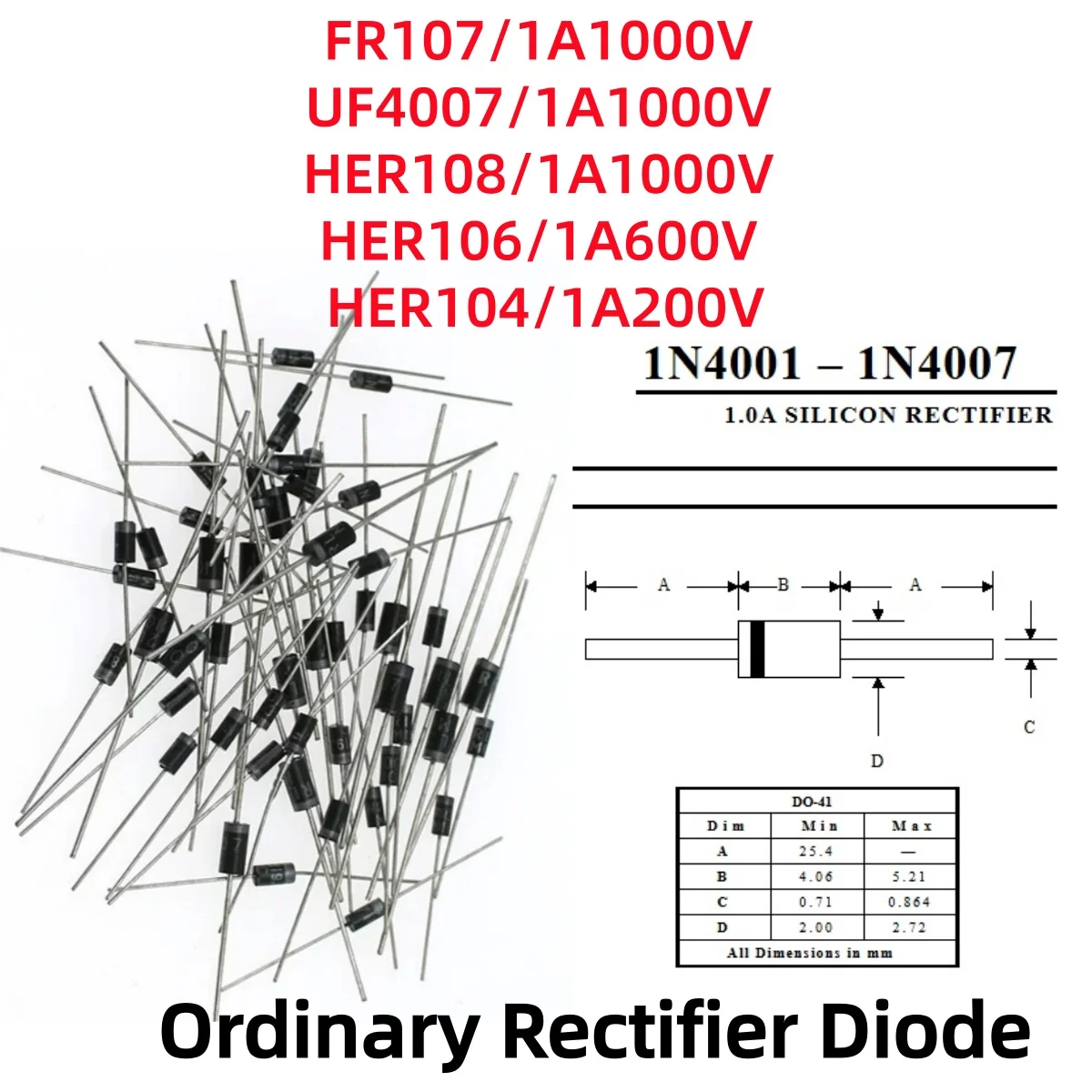 100/200Pcs FR107/UF4007/HER108/1000V HER106/600V HER104/200V 1A DO-41 Ultra-Fast Recovery Diode For Power Supply Charger Adapter