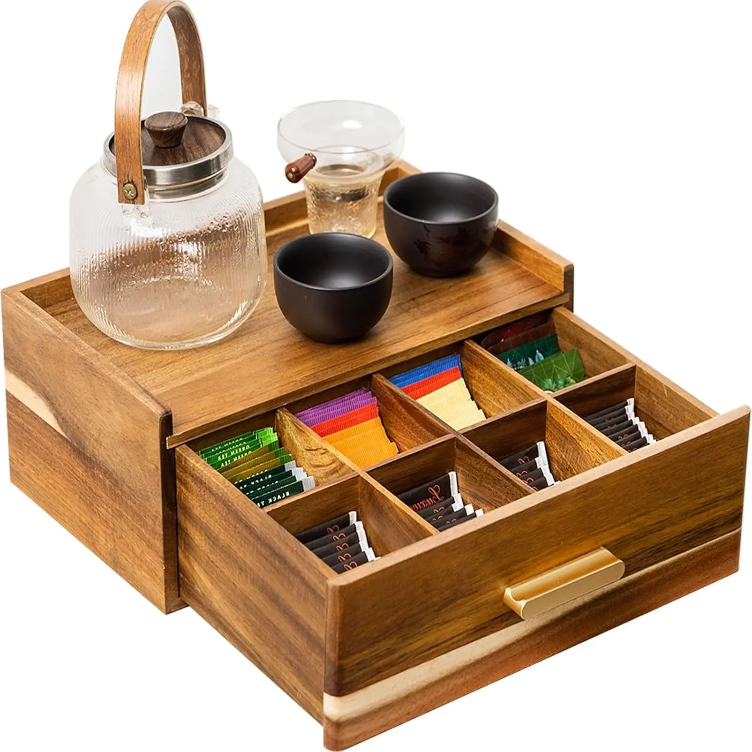 

Wooden Tea Bag Organizer with Drawer, 8 Compartments Storage Box for Countertop Display and Decoration