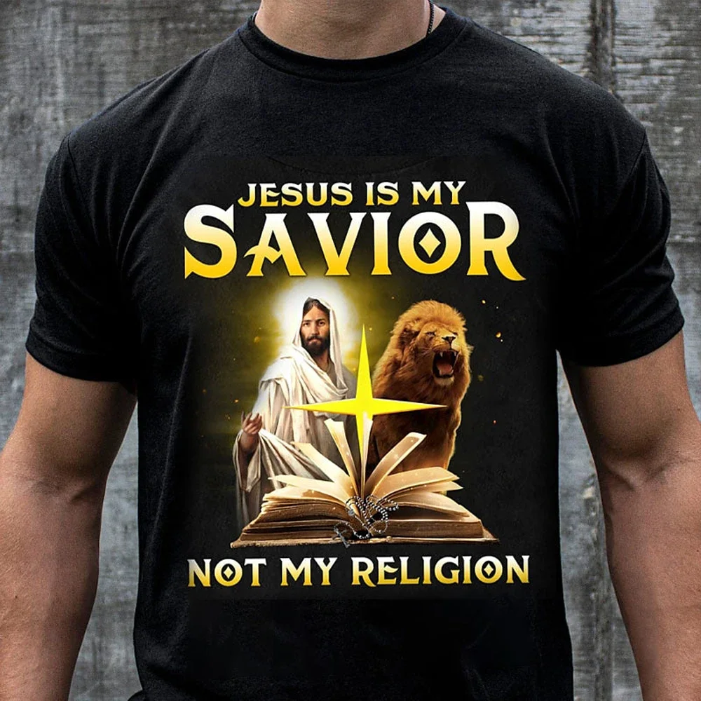 New Men's Boutique Jesus & Lion Print Short Sleeve Men's Street Fashion Top Men's Breathable T-Shirt Men's Crew Neck Casual Wear