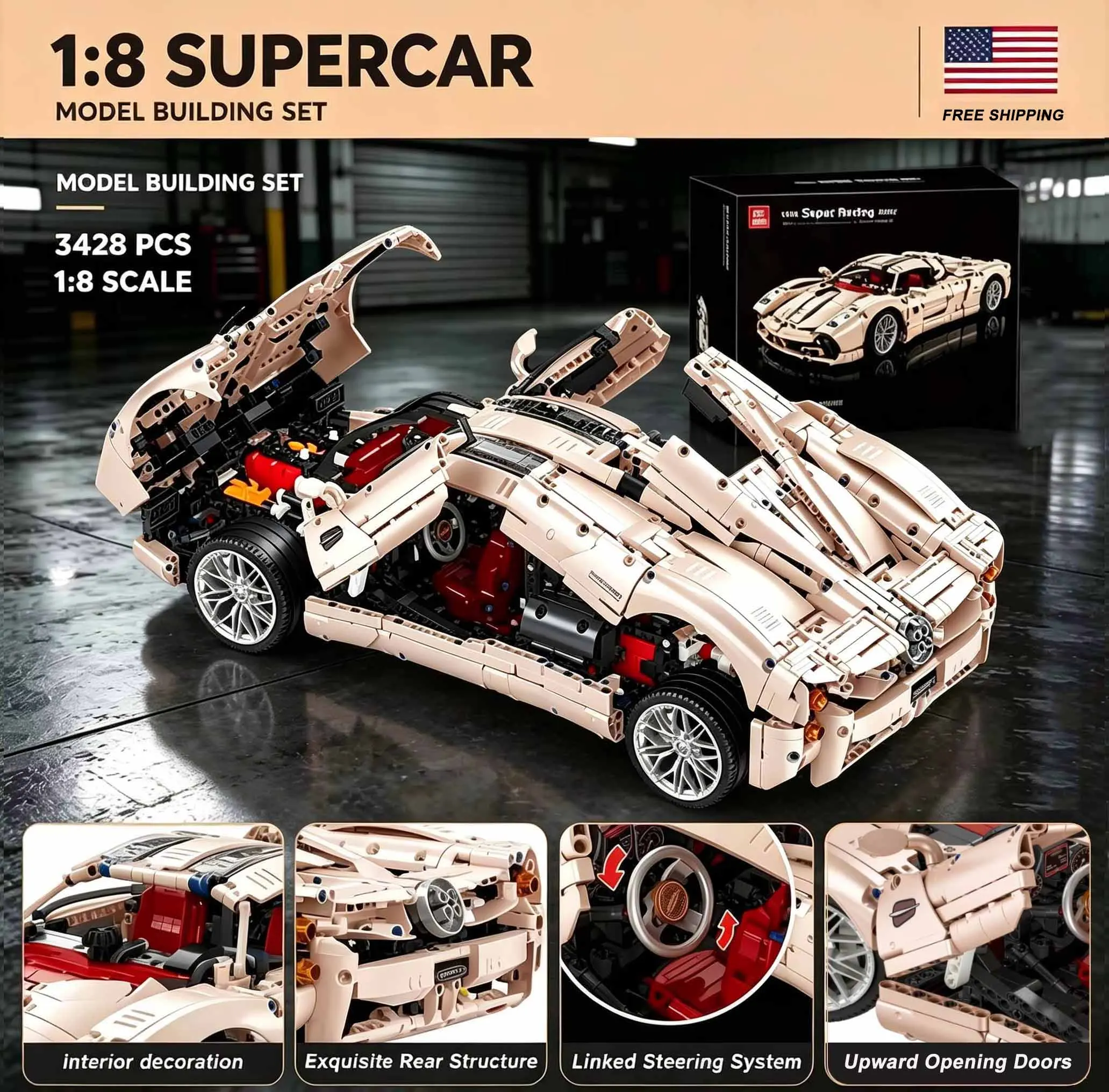 1:8 Technical Utopia Supercar Building Blocks, 3428PCS Sports Car Model, Scissor Doors Bricks Set, Adult Collectible Puzzle Gift