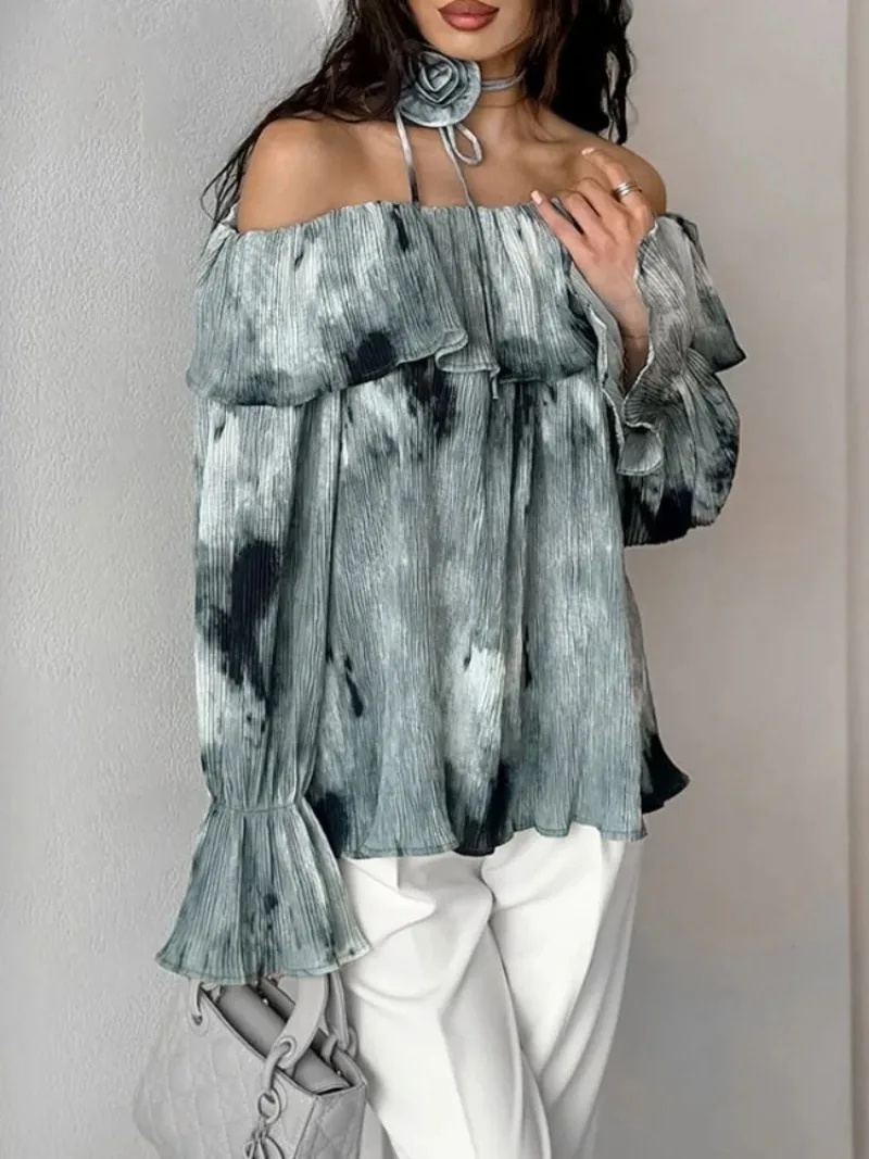 

2025 New Women's Elegant Tie-Dye Off Shoulder Shirt Long Sleeves Ruffled Trim Loose Fit Female Blouse Commuter Shirts for Ladies