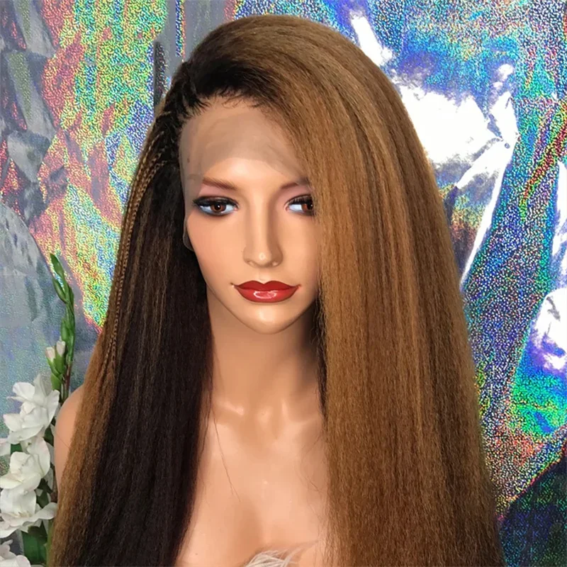 

Yaki Soft Long 180Density 26" Ombre Brown Kinky Straight Lace Front Wig For Women BabyHair Heat Resistant Glueless Preplucked