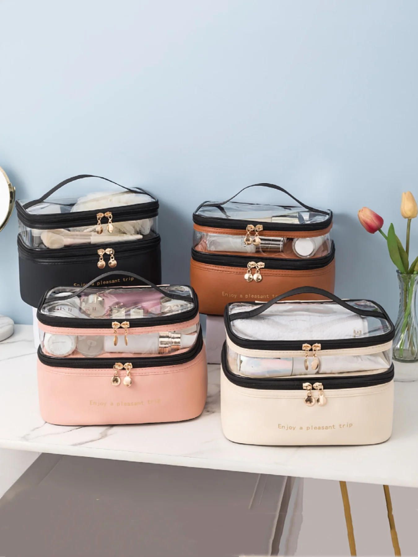 Bolsa cosmética portátil de grande capacidade, bolsa de lavagem dupla transparente, bolsa de maquiagem à prova d'água, bolsa de armazenamento para viagem