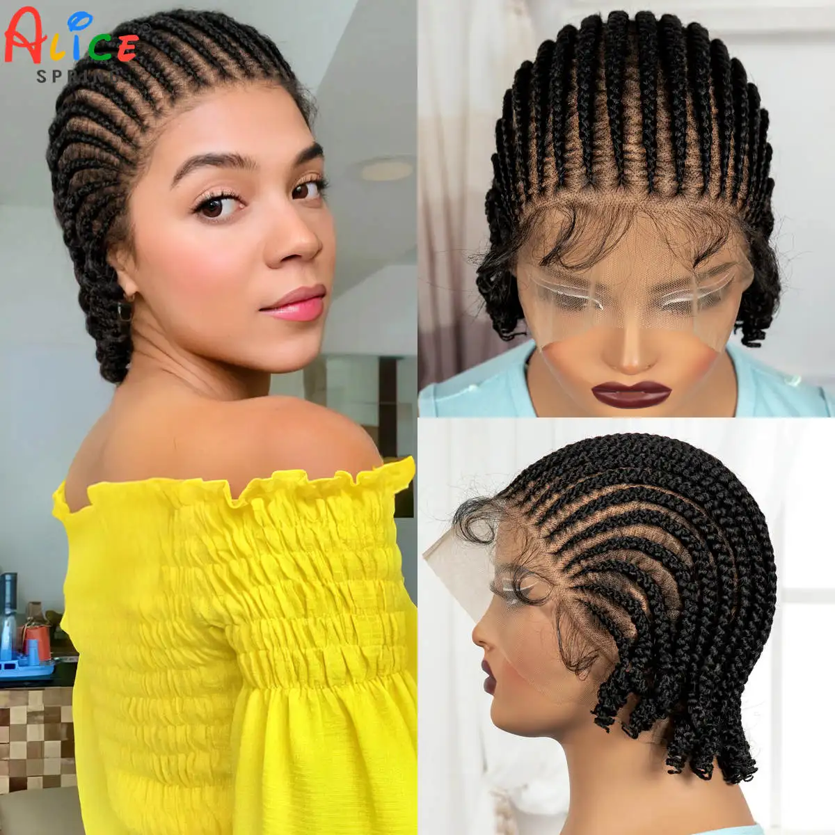 Short Cornrow Braided Bob Wigs Synthetic Full Lace Braided Lace Wig with Baby Hair Knotless Handmade Braids Wigs for Black Women