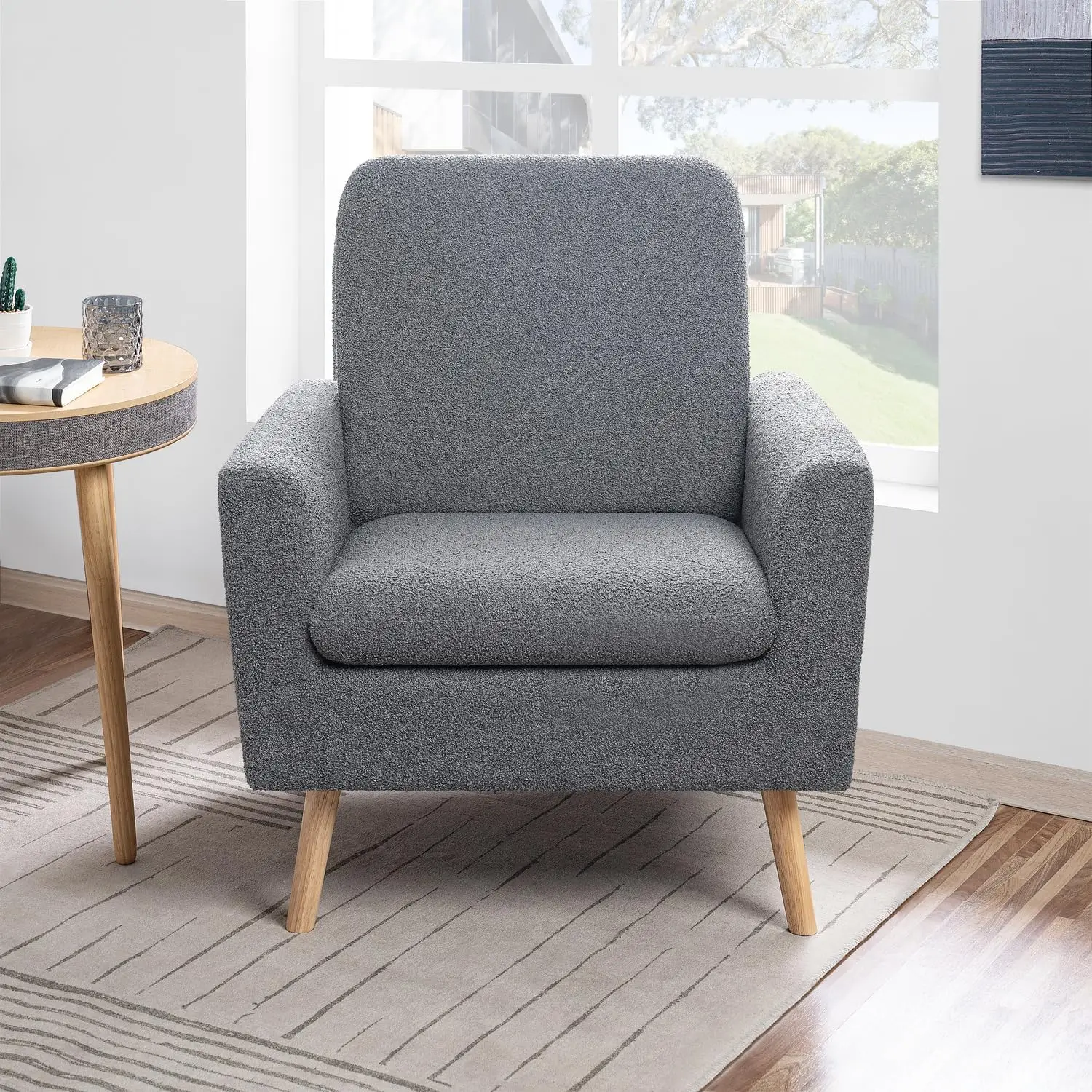 Fauteuil moderne Frida du milieu du siècle, chaise d'appoint en polaire gris avec pieds en chêne, cadre en bois durable pour le salon ou la chambre à coucher