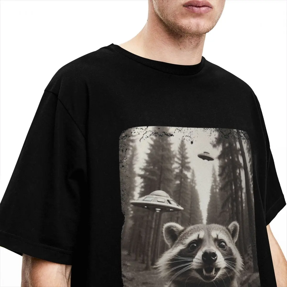 Men Raccoon Selfie T-Shirts Alien Spaceship Cotton Tops Summer Vintage Short-Sleeved T Shirt Crew Neck Fashion Casual Tee Shirt