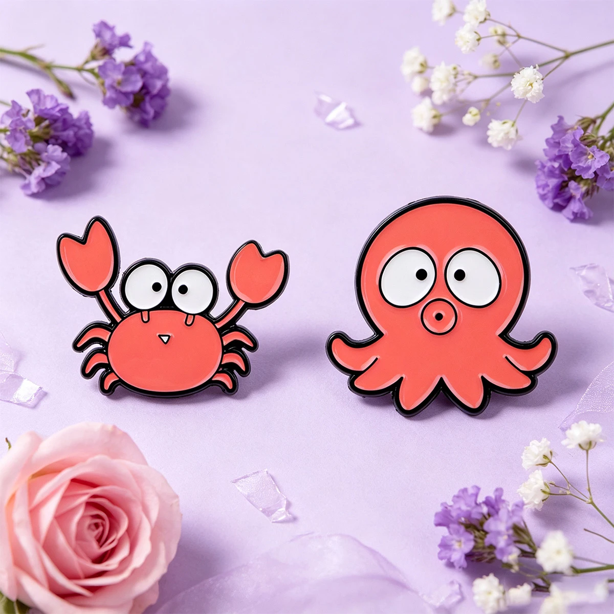 2Pcs Cartoon Crab Octopus Enamel Pins Set Kawaii Sea Animal Lapel Badge Brooch for Jacket Backpack Clothing Decoration Gift
