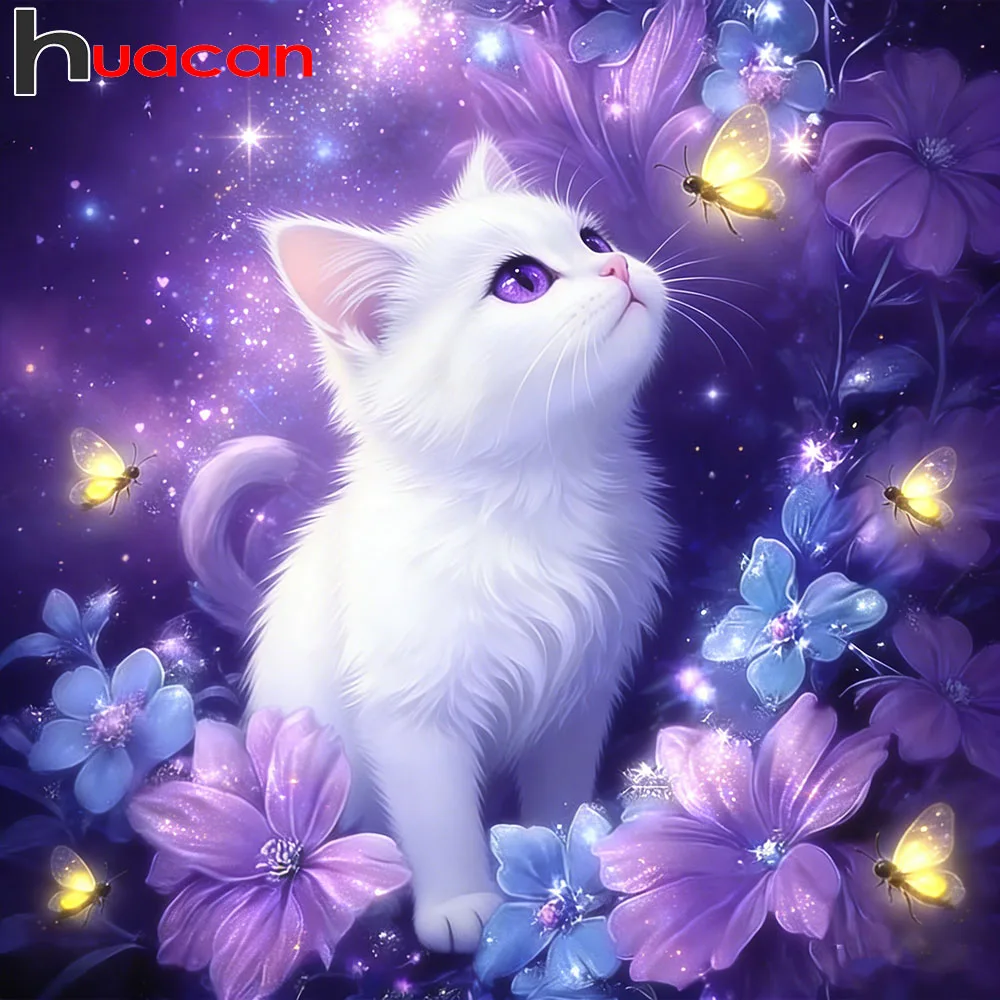 Huacan Vollquadrat Rundes Diamantgemälde Katze Diamant Mosaik Tier Blume Neues 2025, Bastelset