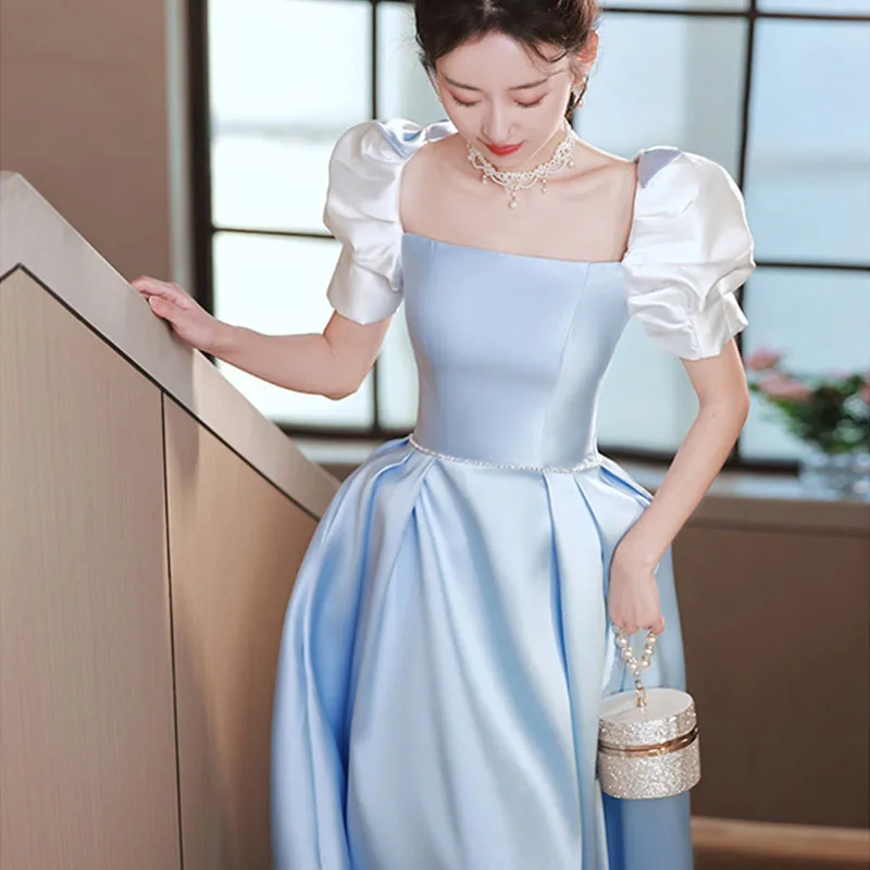 GIYSILE Blue Luxury Evening Dress with Bow Decoration on The Back, Coming-of-age Ceremony Banquet Birthday Party Formal Dress