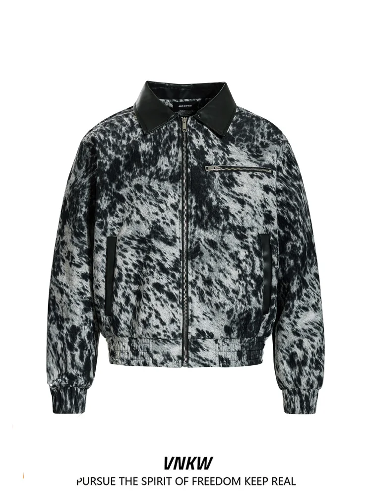 

Retro American PU Leather Patchwork Leopard Print Collar Jaet Men's Winter Warm Thiened Loose Haome Workwear Coat